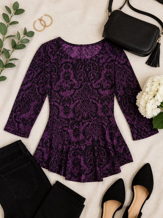 Tianello Tops - Tianello Purple Black Damask Tunic Top 3/4 Sleeve Flowy M